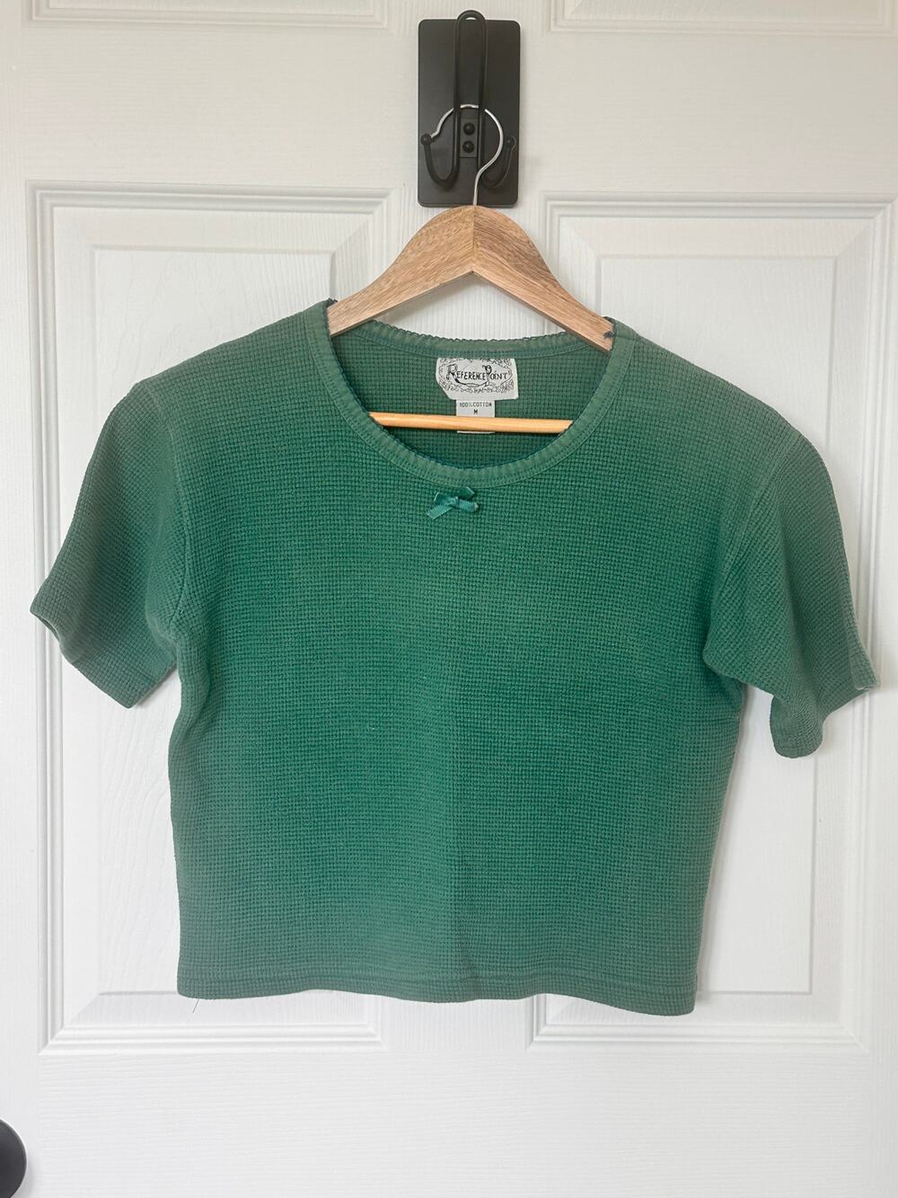 Vintage Reference Point Green Waffle Thermal Crop Tee M 100% Cotton 90s Y2K